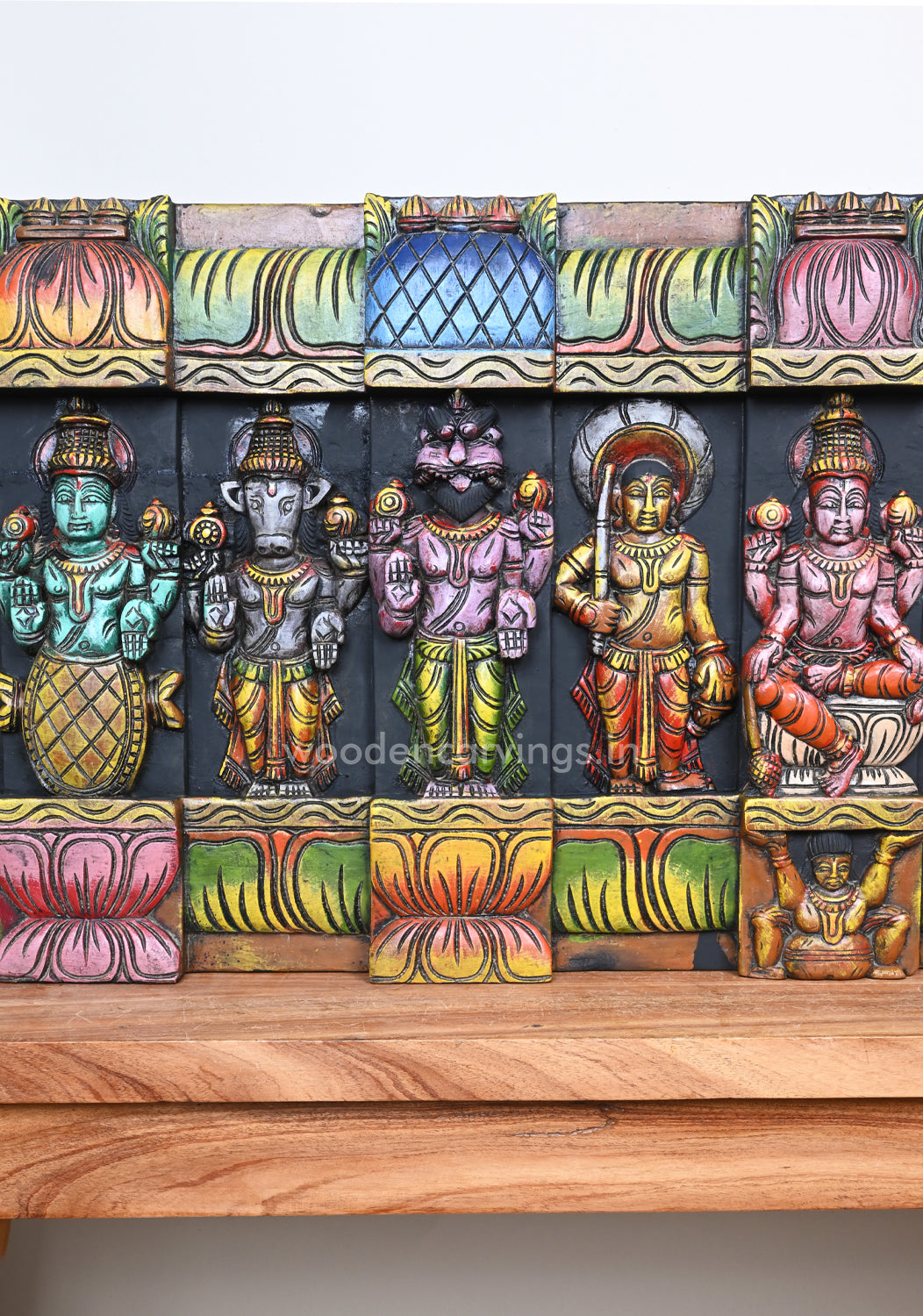 Colourful Attractive Mahavishnu Horizontal Ten Powerful Avatars Handmade Wooden Wall Panel 54"