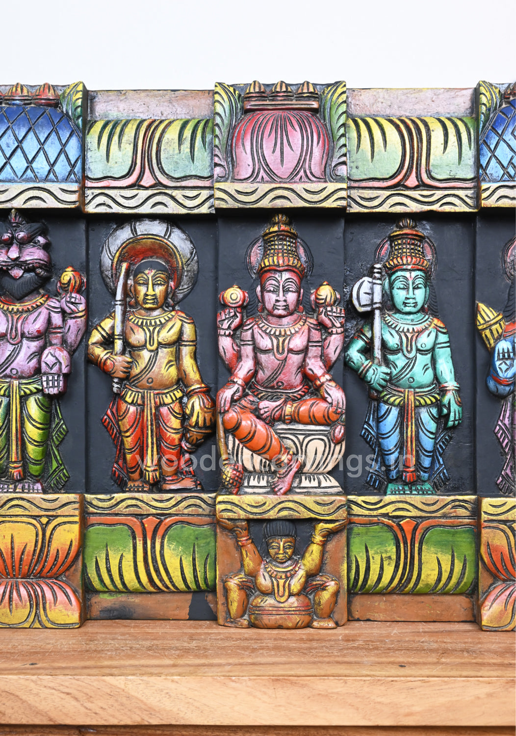Colourful Attractive Mahavishnu Horizontal Ten Powerful Avatars Handmade Wooden Wall Panel 54"
