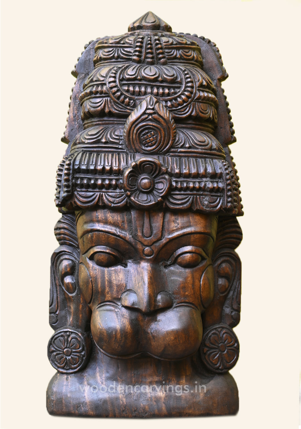 Mask of Wooden Lord Hanuman Detaily Handmade Hooks Fixed Wall Mount 25"