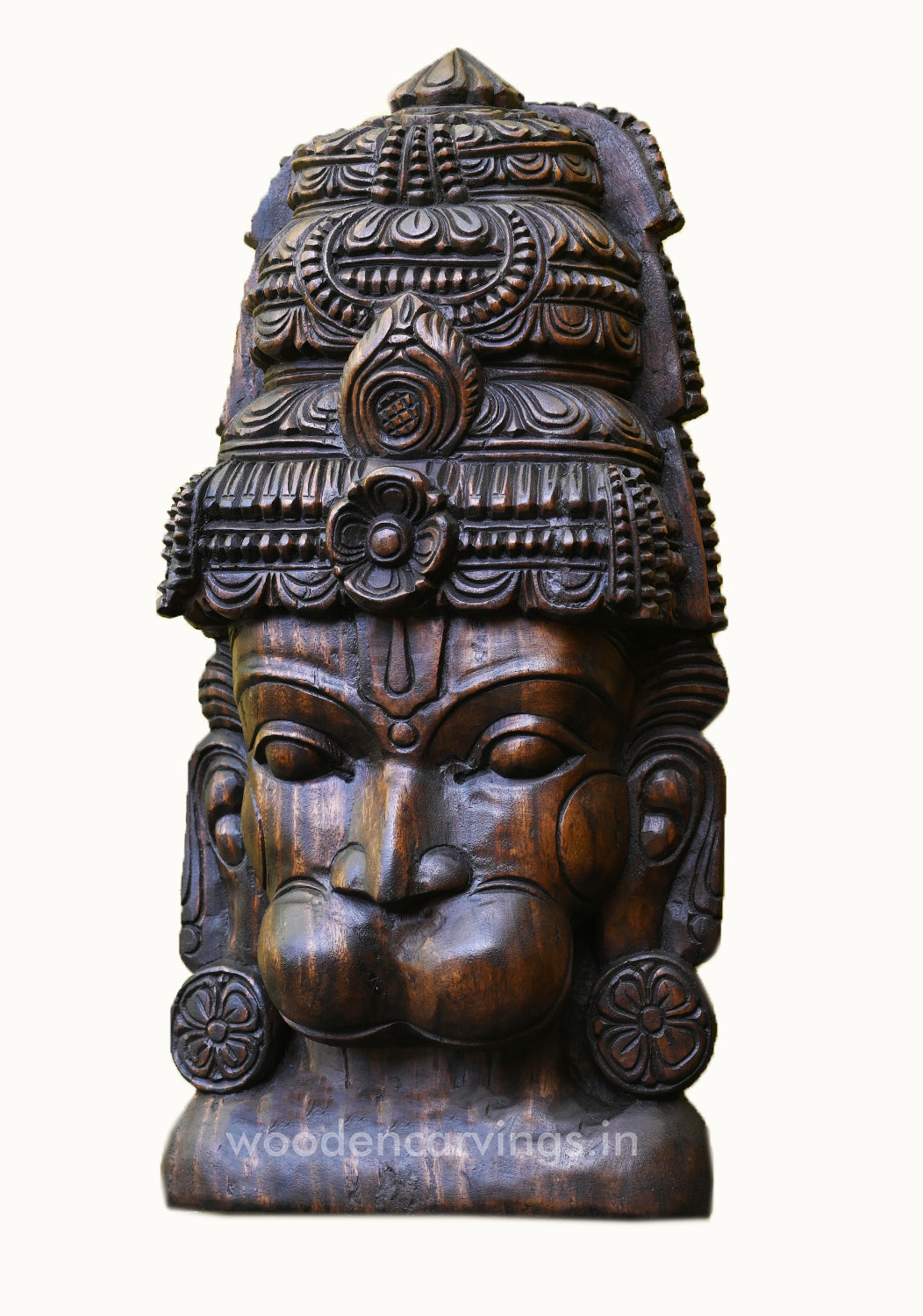 Mask of Wooden Lord Hanuman Detaily Handmade Hooks Fixed Wall Mount 25"