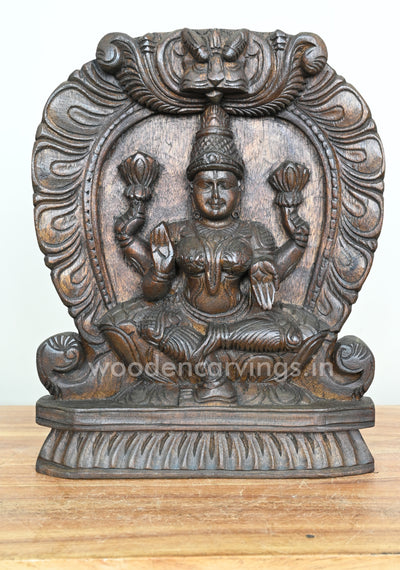 Light Weight Maa Lakshmi Seated on Lotus Arch Wooden Wax Brown Wall Mount 13"