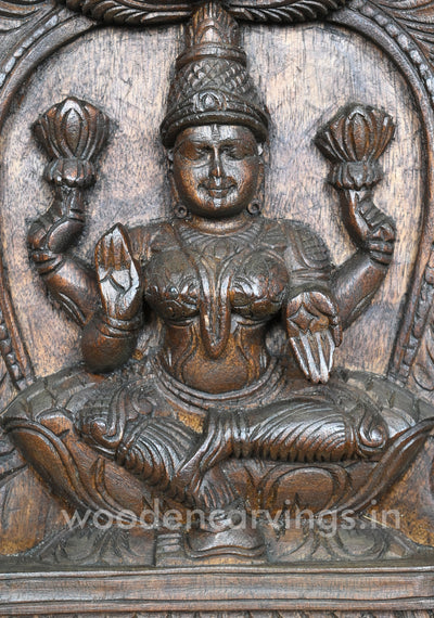 Light Weight Maa Lakshmi Seated on Lotus Arch Wooden Wax Brown Wall Mount 13"