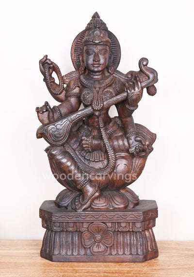 Vidyarupa Saraswathi Seated on Lotus Holding Rosary and Veena in Her Beautiful Hand Sculpture 25"