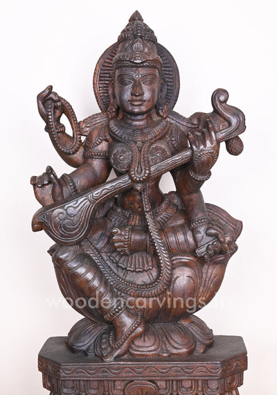 Vidyarupa Saraswathi Seated on Lotus Holding Rosary and Veena in Her Beautiful Hand Sculpture 25"