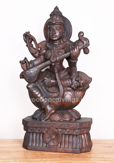 Vidyarupa Saraswathi Seated on Lotus Holding Rosary and Veena in Her Beautiful Hand Sculpture 25"