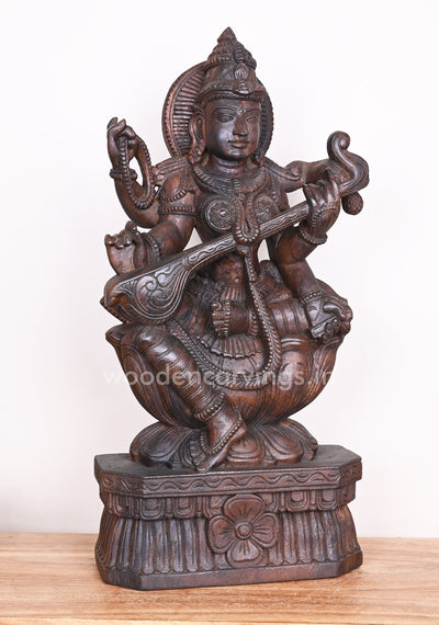 Vidyarupa Saraswathi Seated on Lotus Holding Rosary and Veena in Her Beautiful Hand Sculpture 25"
