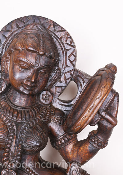 Impressive Apsara Standing on Base and Holding Mirror in Her Beautiful hand Wooden Sculpture 30"