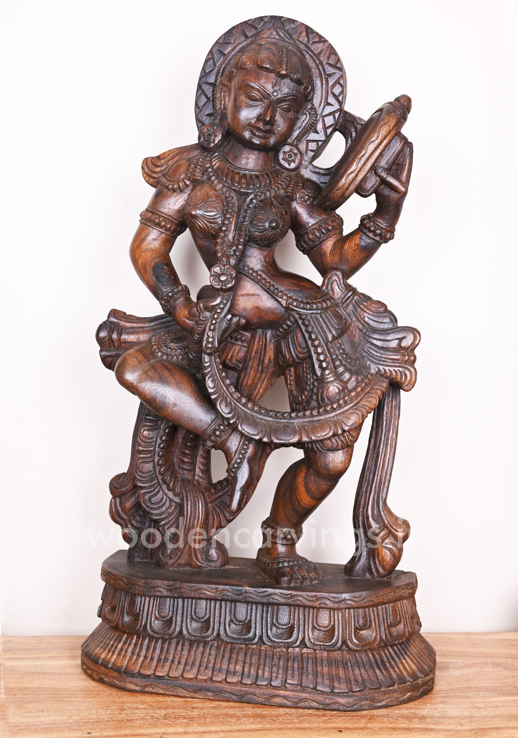 Impressive Apsara Standing on Base and Holding Mirror in Her Beautiful hand Wooden Sculpture 30"