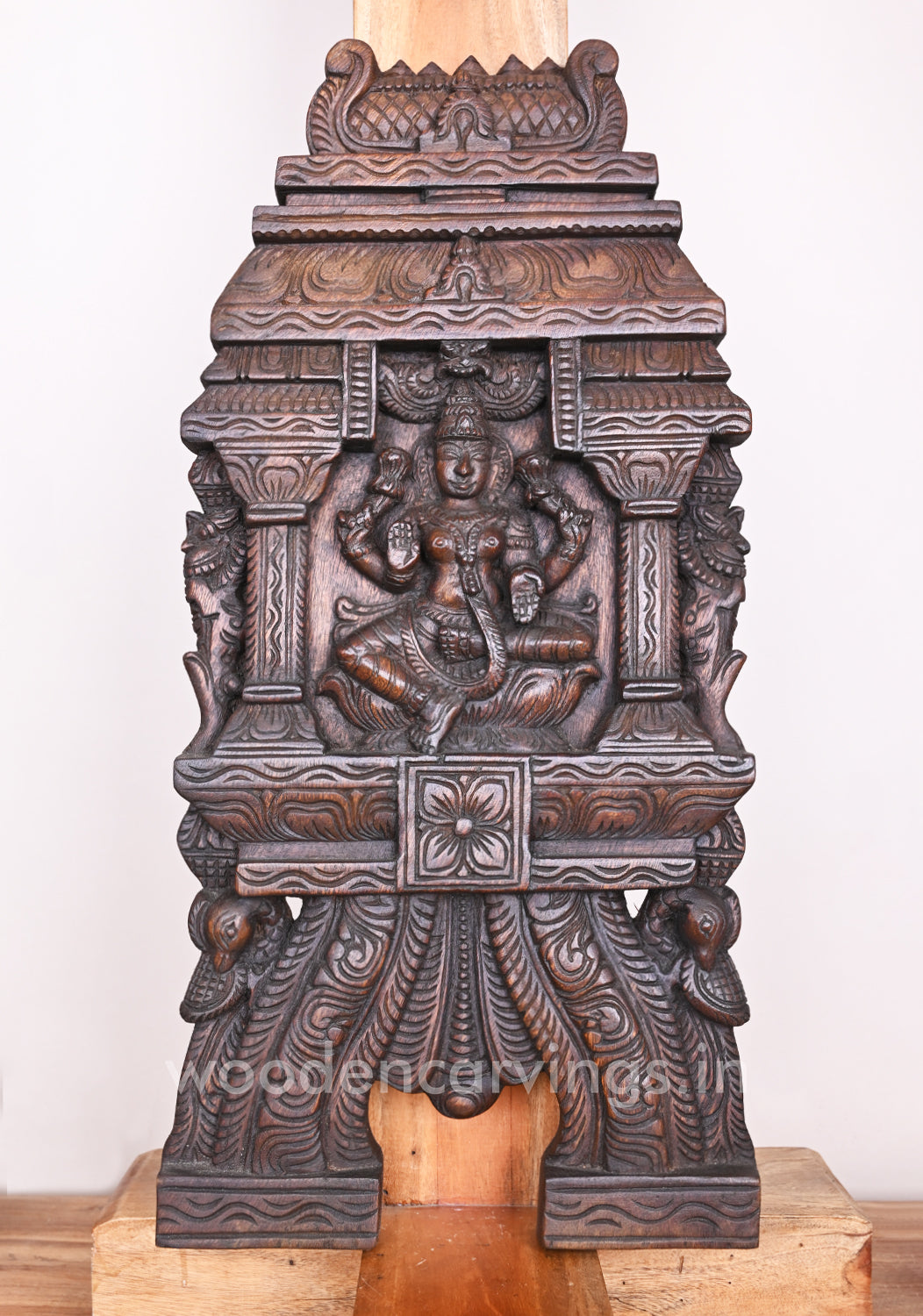 Wealthy Goddess Maha Lakshmi Wooden Pillar Yaazhi With Parrot Design Kavadi Wall Mount 25"