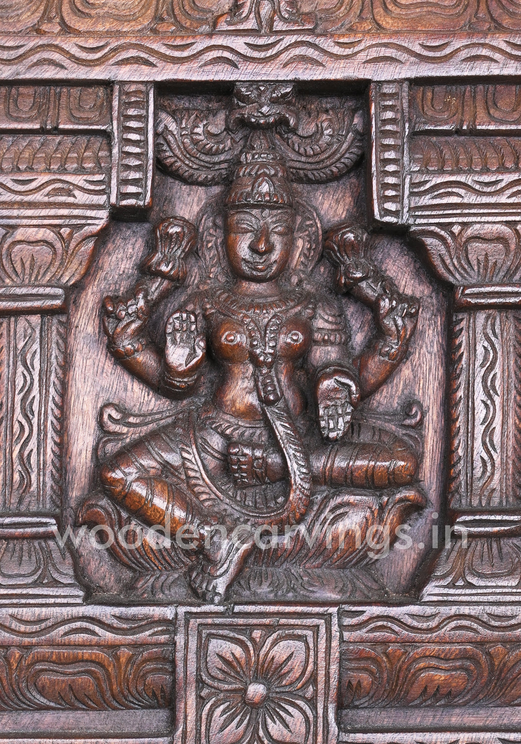 Wealthy Goddess Maha Lakshmi Wooden Pillar Yaazhi With Parrot Design Kavadi Wall Mount 25"