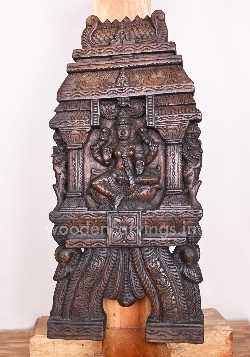 Wealthy Goddess Maha Lakshmi Wooden Pillar Yaazhi With Parrot Design Kavadi Wall Mount 25"