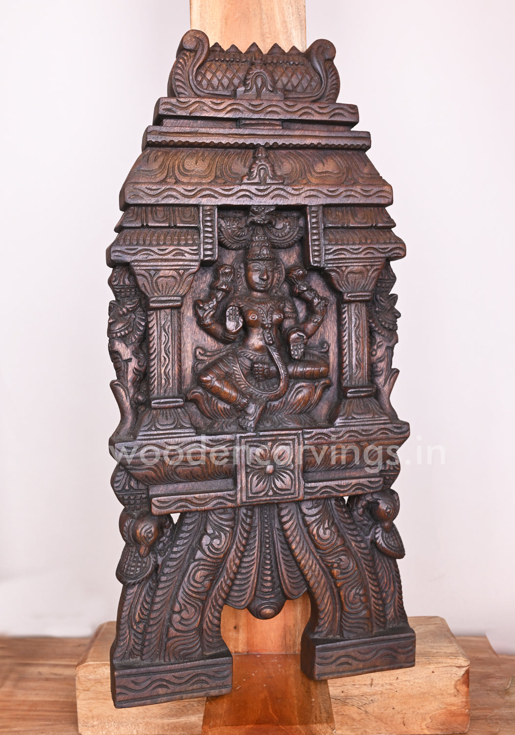 Wealthy Goddess Maha Lakshmi Wooden Pillar Yaazhi With Parrot Design Kavadi Wall Mount 25"