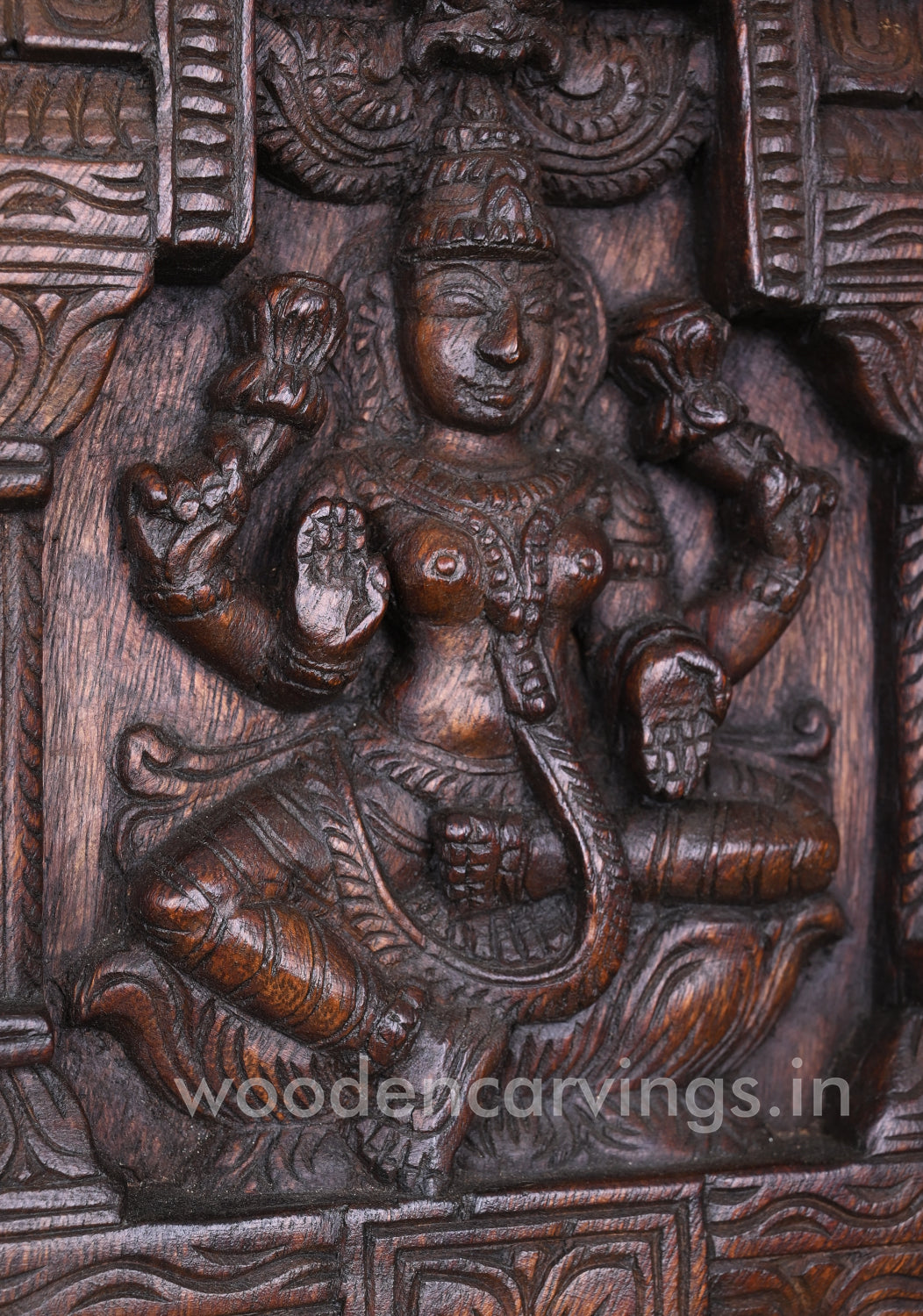 Wealthy Goddess Maha Lakshmi Wooden Pillar Yaazhi With Parrot Design Kavadi Wall Mount 25"