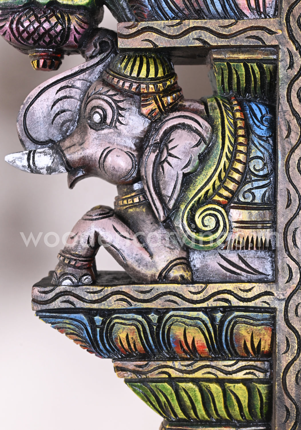 Colourful Upraised Trunk Wooden Grey Elephants Vaagai Wood Wall Brackets 15"
