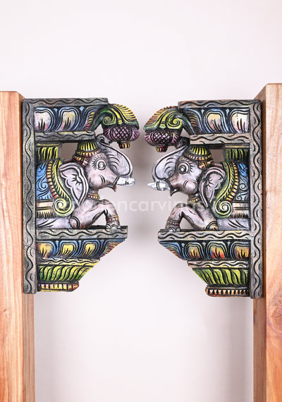 Colourful Upraised Trunk Wooden Grey Elephants Vaagai Wood Wall Brackets 15"