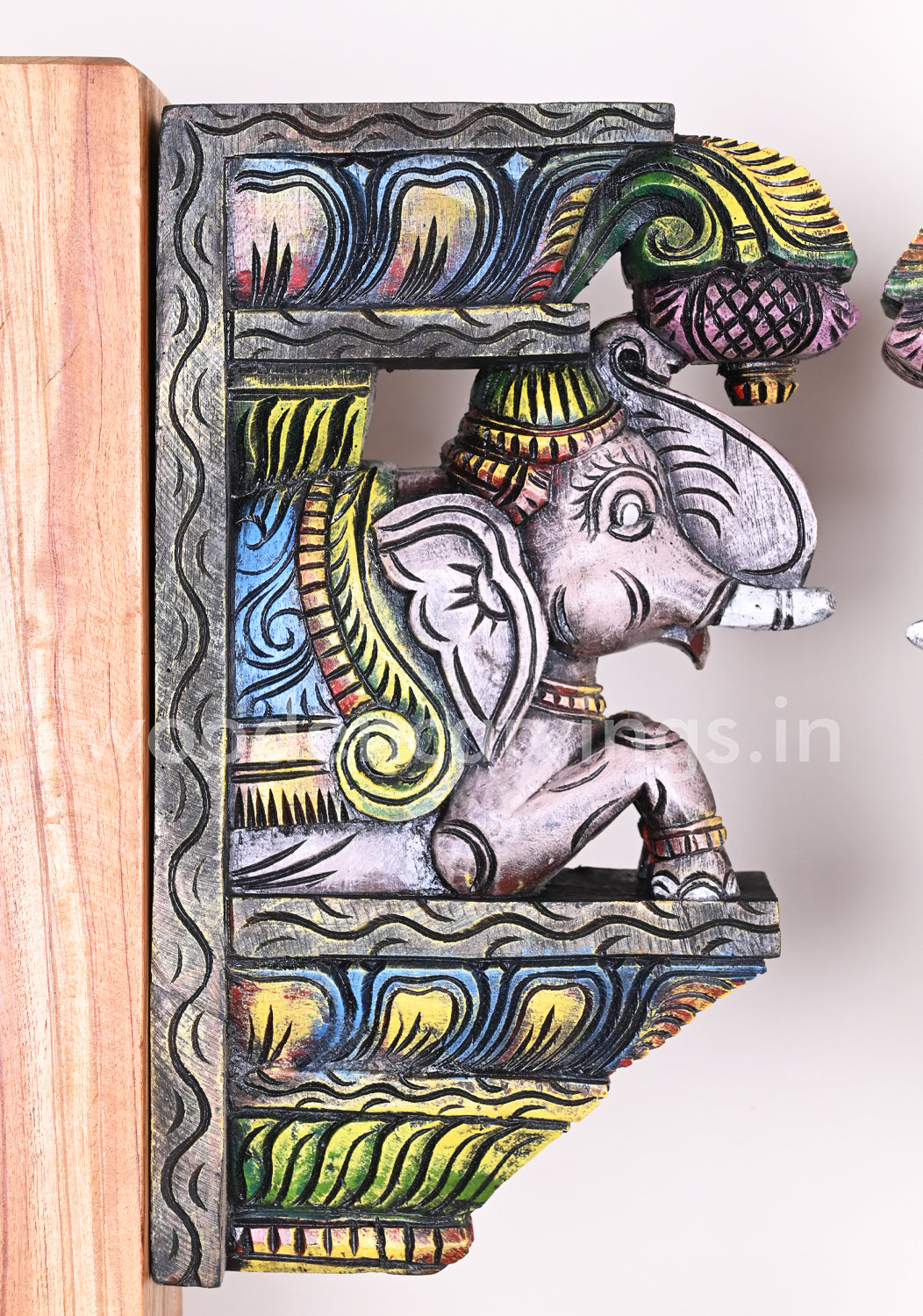 Colourful Upraised Trunk Wooden Grey Elephants Vaagai Wood Wall Brackets 15"