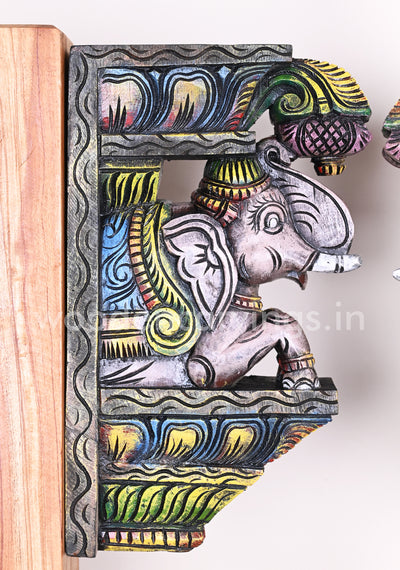 Colourful Upraised Trunk Wooden Grey Elephants Vaagai Wood Wall Brackets 15"