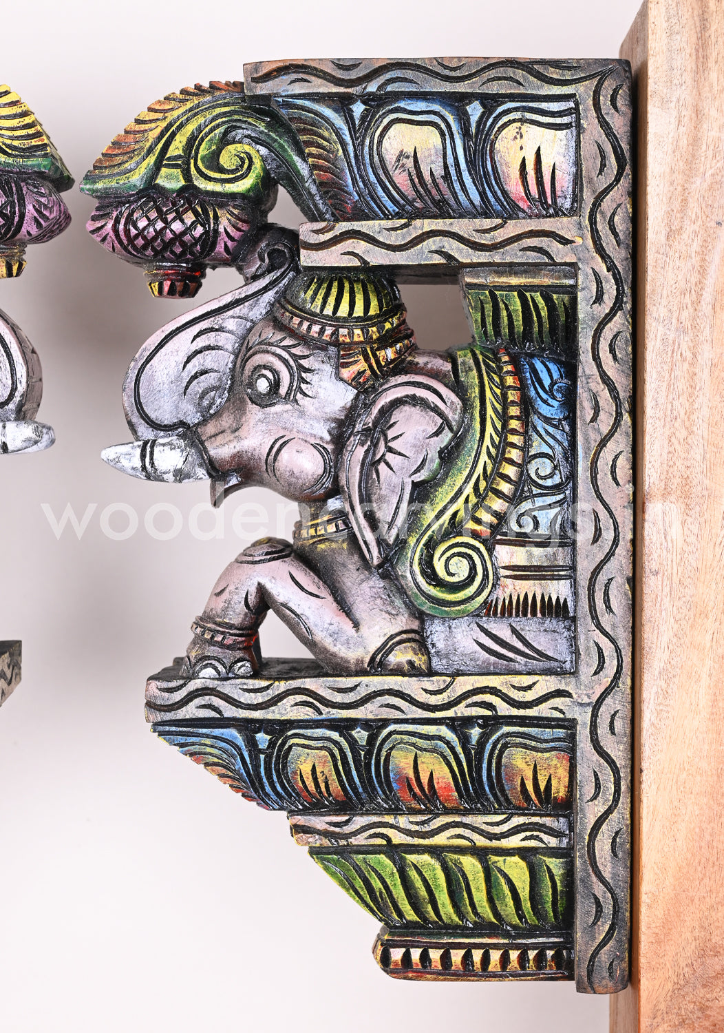 Colourful Upraised Trunk Wooden Grey Elephants Vaagai Wood Wall Brackets 15"