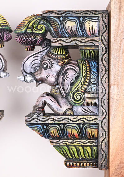 Colourful Upraised Trunk Wooden Grey Elephants Vaagai Wood Wall Brackets 15"