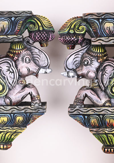 Colourful Upraised Trunk Wooden Grey Elephants Vaagai Wood Wall Brackets 15"
