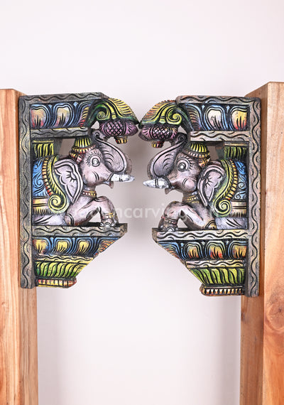 Colourful Upraised Trunk Wooden Grey Elephants Vaagai Wood Wall Brackets 15"