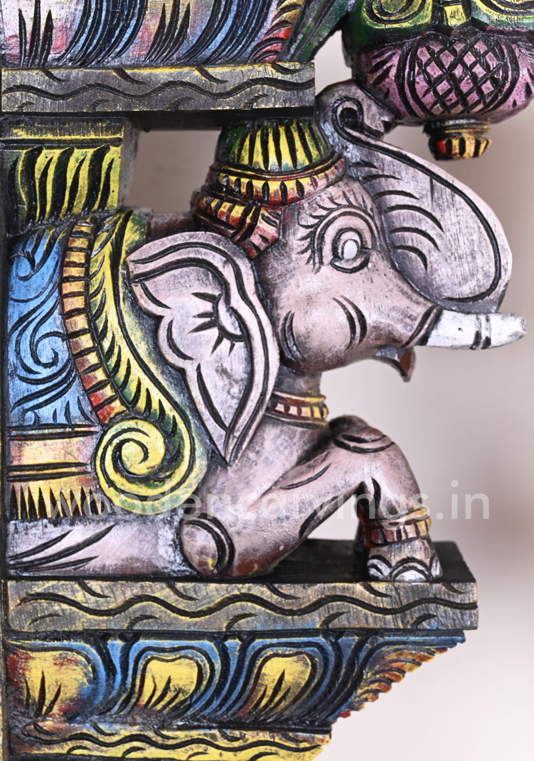 Colourful Upraised Trunk Wooden Grey Elephants Vaagai Wood Wall Brackets 15"