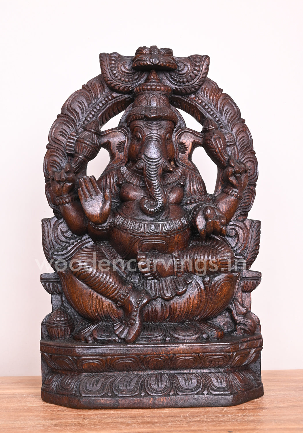 Handmade Art of Arch Ganesha on Lotus and Blessing People in Mudra Abhaya Wooden Sculpture 17"