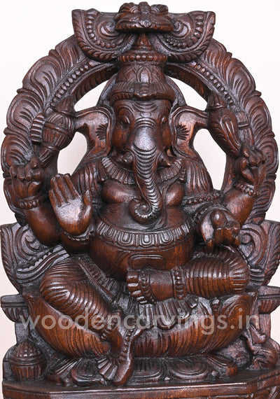 Handmade Art of Arch Ganesha on Lotus and Blessing People in Mudra Abhaya Wooden Sculpture 17"