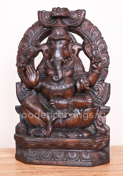 Handmade Art of Arch Ganesha on Lotus and Blessing People in Mudra Abhaya Wooden Sculpture 17"