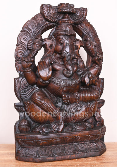 Handmade Art of Arch Ganesha on Lotus and Blessing People in Mudra Abhaya Wooden Sculpture 17"