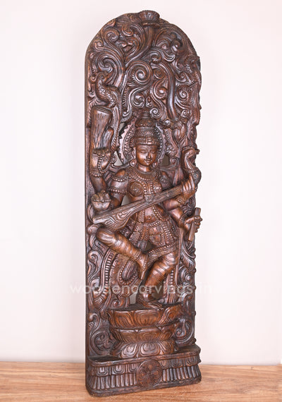 Mesmerizing Abhinaya Saraswathi Dancing on Lotus and Holding Veena Floral Design Wall Mount 48"