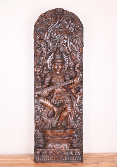 Mesmerizing Abhinaya Saraswathi Dancing on Lotus and Holding Veena Floral Design Wall Mount 48"