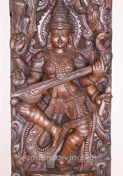 Mesmerizing Abhinaya Saraswathi Dancing on Lotus and Holding Veena Floral Design Wall Mount 48"