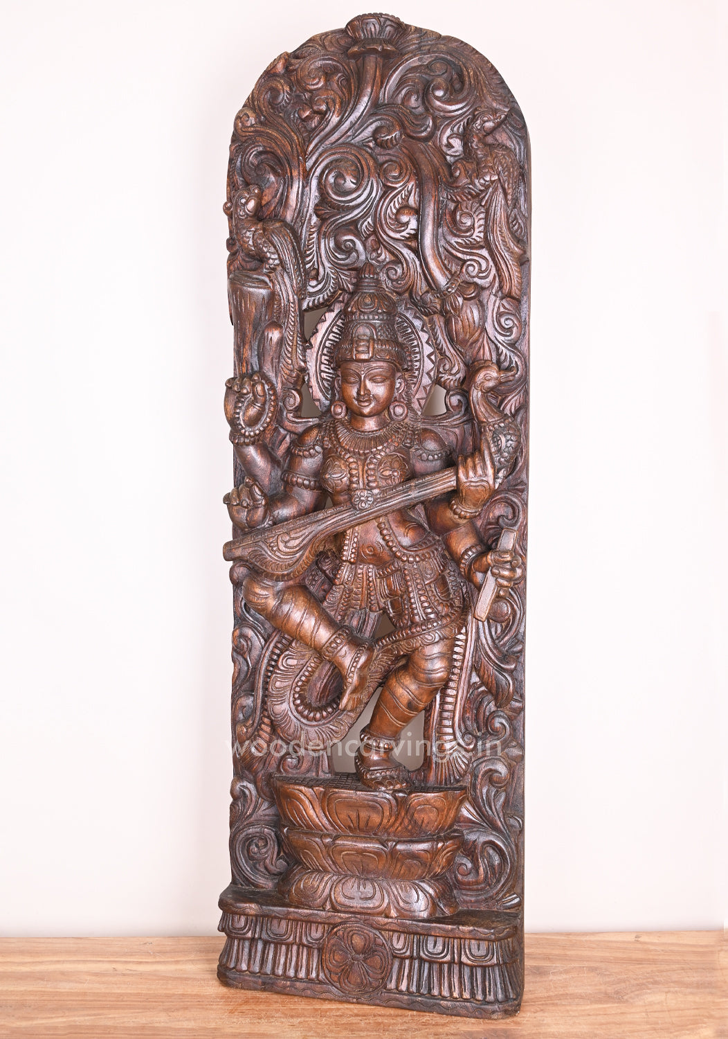 Mesmerizing Abhinaya Saraswathi Dancing on Lotus and Holding Veena Floral Design Wall Mount 48"