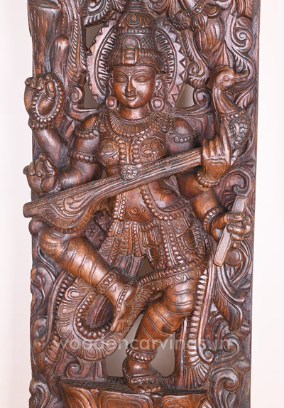 Mesmerizing Abhinaya Saraswathi Dancing on Lotus and Holding Veena Floral Design Wall Mount 48"