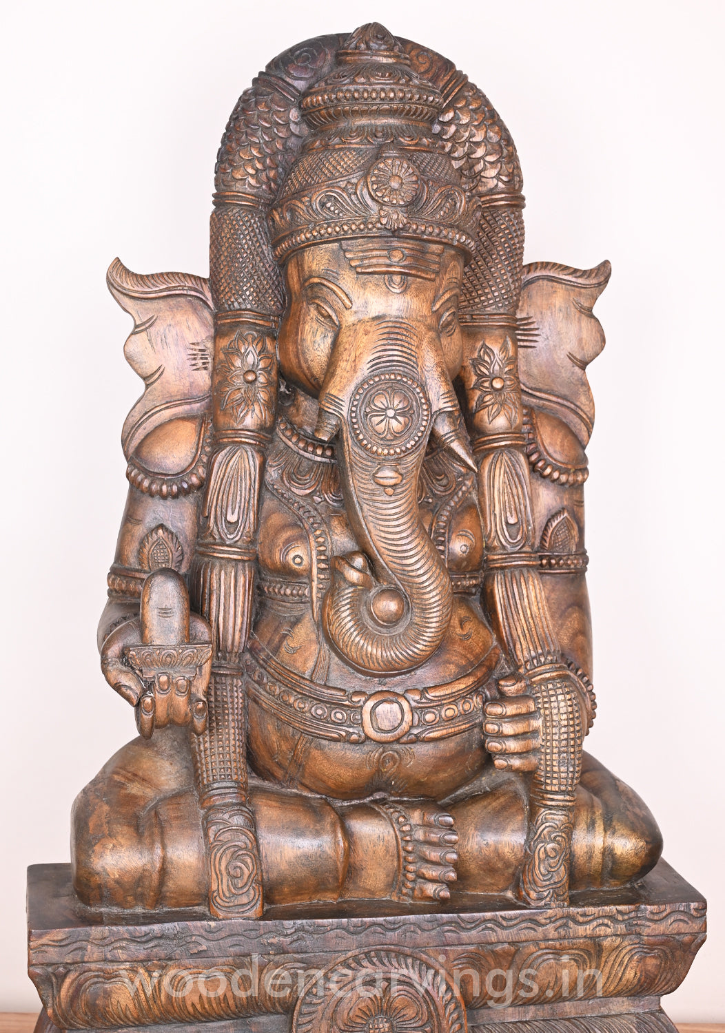 Padmasana Karpaga Vinayagar Holding Shiva ling Wooden Handmade Wax brown Sculpture 37"