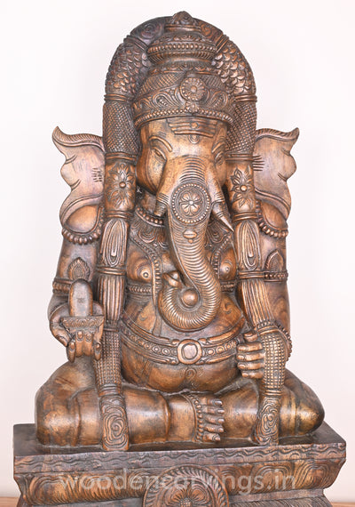 Padmasana Karpaga Vinayagar Holding Shiva ling Wooden Handmade Wax brown Sculpture 37"