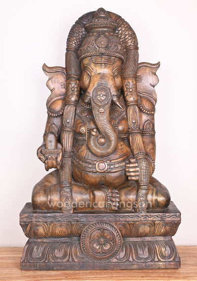 Padmasana Karpaga Vinayagar Holding Shiva ling Wooden Handmade Wax brown Sculpture 37"