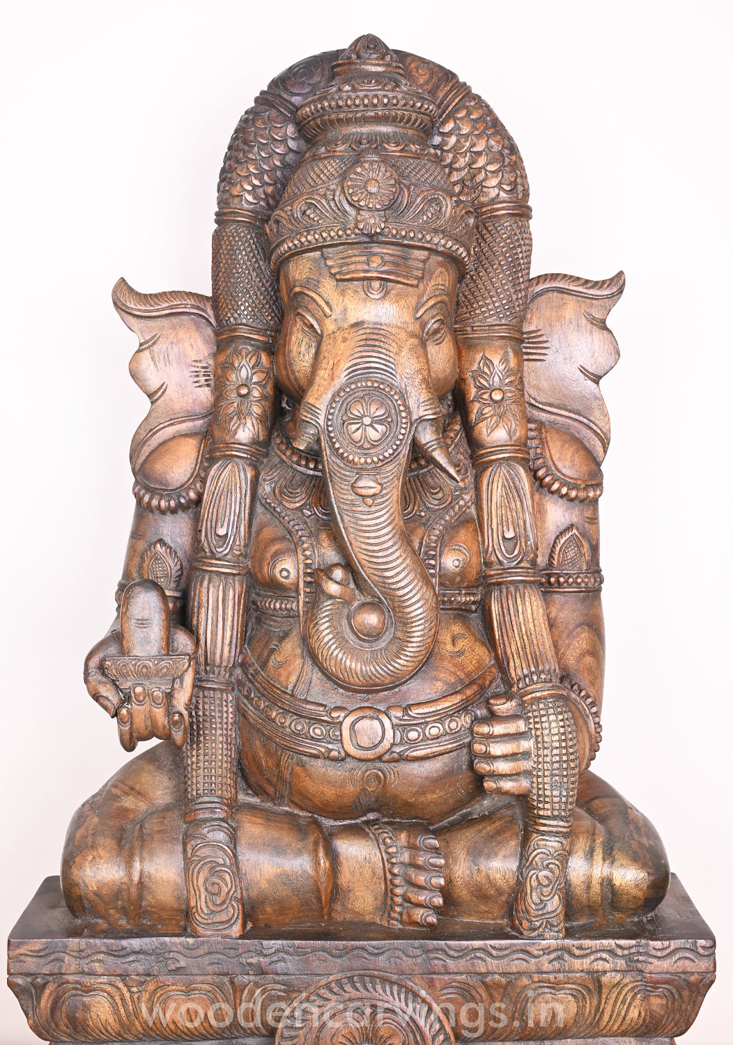 Padmasana Karpaga Vinayagar Holding Shiva ling Wooden Handmade Wax brown Sculpture 37"