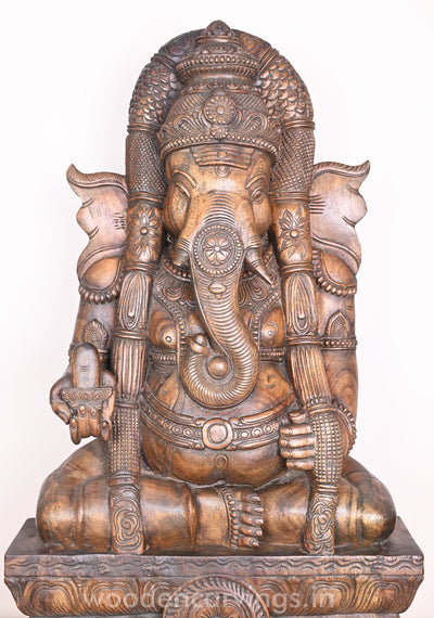 Padmasana Karpaga Vinayagar Holding Shiva ling Wooden Handmade Wax brown Sculpture 37"