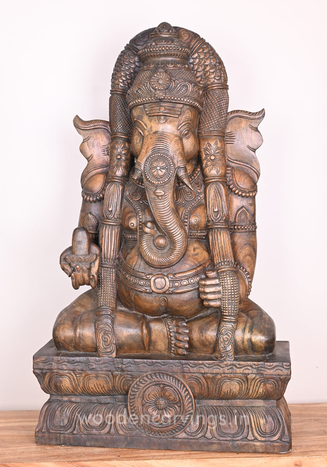 Padmasana Karpaga Vinayagar Holding Shiva ling Wooden Handmade Wax brown Sculpture 37"