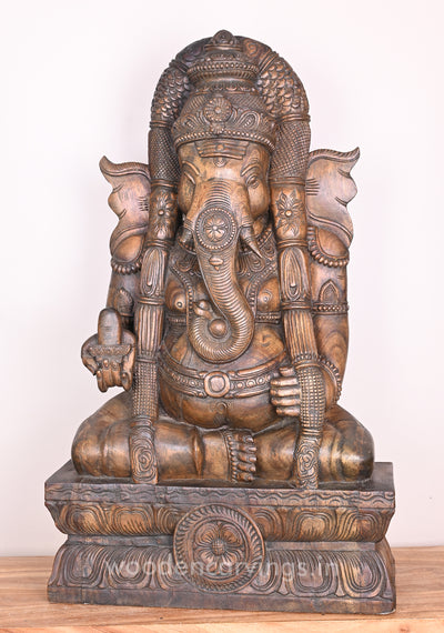 Padmasana Karpaga Vinayagar Holding Shiva ling Wooden Handmade Wax brown Sculpture 37"