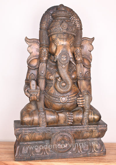 Padmasana Karpaga Vinayagar Holding Shiva ling Wooden Handmade Wax brown Sculpture 37"