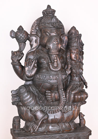 Maha Ganapathi Seated on Lotus with his Consort and Blessing people in Mudra Abhaya Sculpture 36"