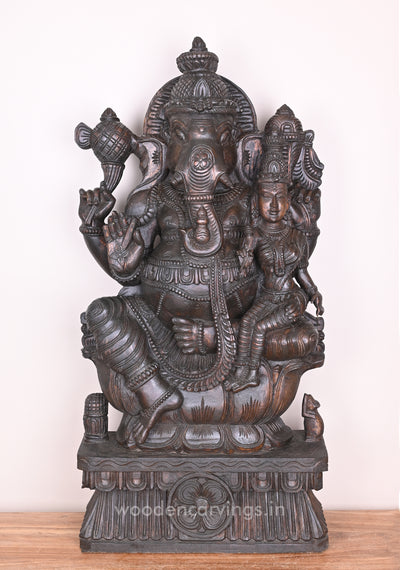 Maha Ganapathi Seated on Lotus with his Consort and Blessing people in Mudra Abhaya Sculpture 36"