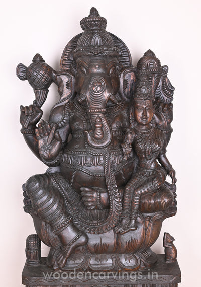 Maha Ganapathi Seated on Lotus with his Consort and Blessing people in Mudra Abhaya Sculpture 36"