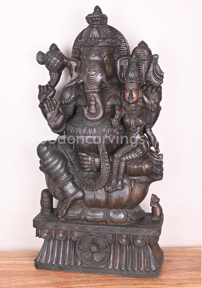 Maha Ganapathi Seated on Lotus with his Consort and Blessing people in Mudra Abhaya Sculpture 36"
