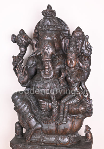 Maha Ganapathi Seated on Lotus with his Consort and Blessing people in Mudra Abhaya Sculpture 36"