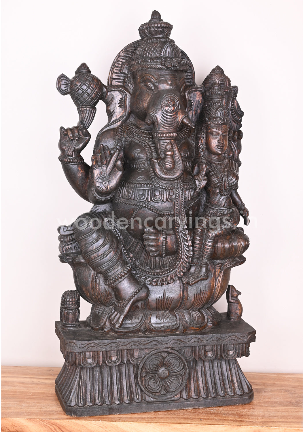 Maha Ganapathi Seated on Lotus with his Consort and Blessing people in Mudra Abhaya Sculpture 36"