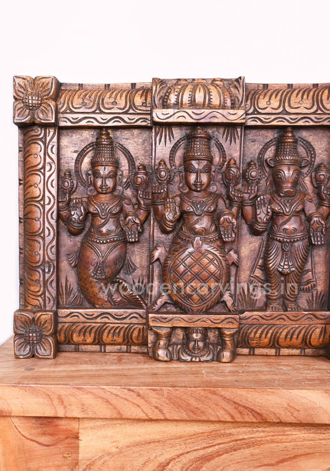 Preserver Mahavishnu Ten Powerful Dasavatar Horizontal Zig Zag Design Wooden Wall Panel 48"